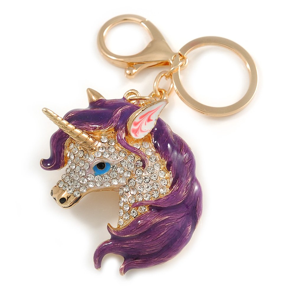 Avalaya Clear Crystal, Purple Enamel Unicorn Keyring/Bag Charm In Gold Tone Metal - 10cm L