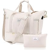 UNIBOLSA Weekender Bags for Women, Large Travel Duffel Bags with Shoe Compartment and USB Charging Port, Carry on Overnight Bag with Toiletry Bag for Gym, Maternity, Sports, Business Trip - Beige