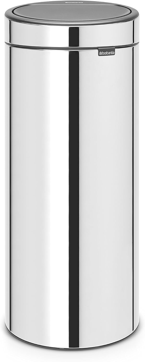 Brabantia 30L Kitchen Touch Bin New (Brilliant Steel) Removable Lid, Soft-Touch Open, Easy Clean Rubbish Waste Bin + Bin Bags