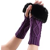 PESAAT Knit Arm Warmers Faux Fur Fingerless Gloves for Women Winter Wrist Warmers with Thumb Hole