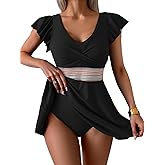 Aidonger Women's Tankini Swimdress Tummy Control Swimsuit Ruffle Color Block Two Piece Bathing Suit Tie Back Swimwear