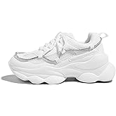 LUCKY STEP Women's 90s Chunky Sneakers Sparkly Bling Rhinestone Rope Platform Casual Thick Dad Rave Walking Shoes