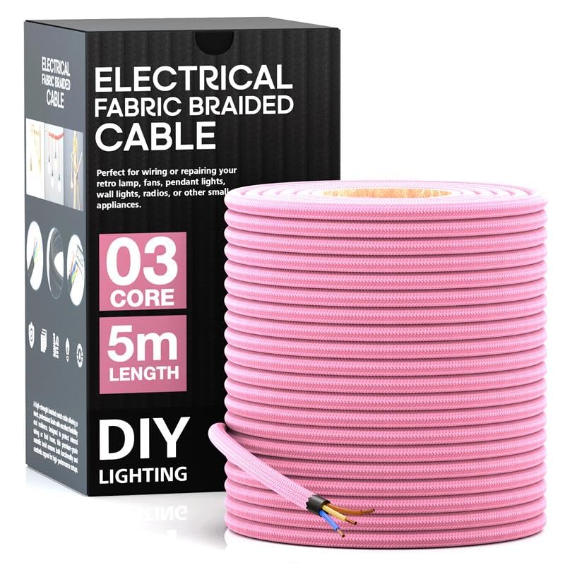 5m / 16.4ft Shiny Pink Vintage Cable 3 Core Electrical Cable Braided Light Cable Electrical Cord 0.75mm 3-Core Flex Fabric Lamp Cord Wire for Pendant Decorative Lighting Appliances