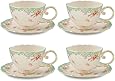 Gracie China by Coastline Imports Vintage Green Rose Porcelain 7-Ounce Tea Cup and Saucer with Gold Trim, Set of 4
