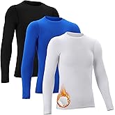 Suhine 3 Pcs 5-14Y Youth Boys Thermal Compression Shirts Fleece Athletic Baselayer Long Sleeve Soccer Baseball Undershirt
