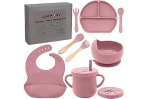 Dormlony 100% Silicone Baby Feeding Set,BPA Free Baby Dishes Set with Suction Bowl Divided Plate,Toddler Self Feeding Dish Set with Spoons Forks Sippy Cup and Bib, Baby Eating Utensils (Coral)
