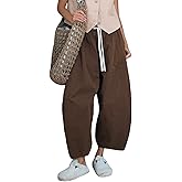 Wyeysyt Barrel Jeans Women Wide Leg Elastic Waistband Cotton Pants Baggy Palazzo Pants with Pockets(Brown-L)