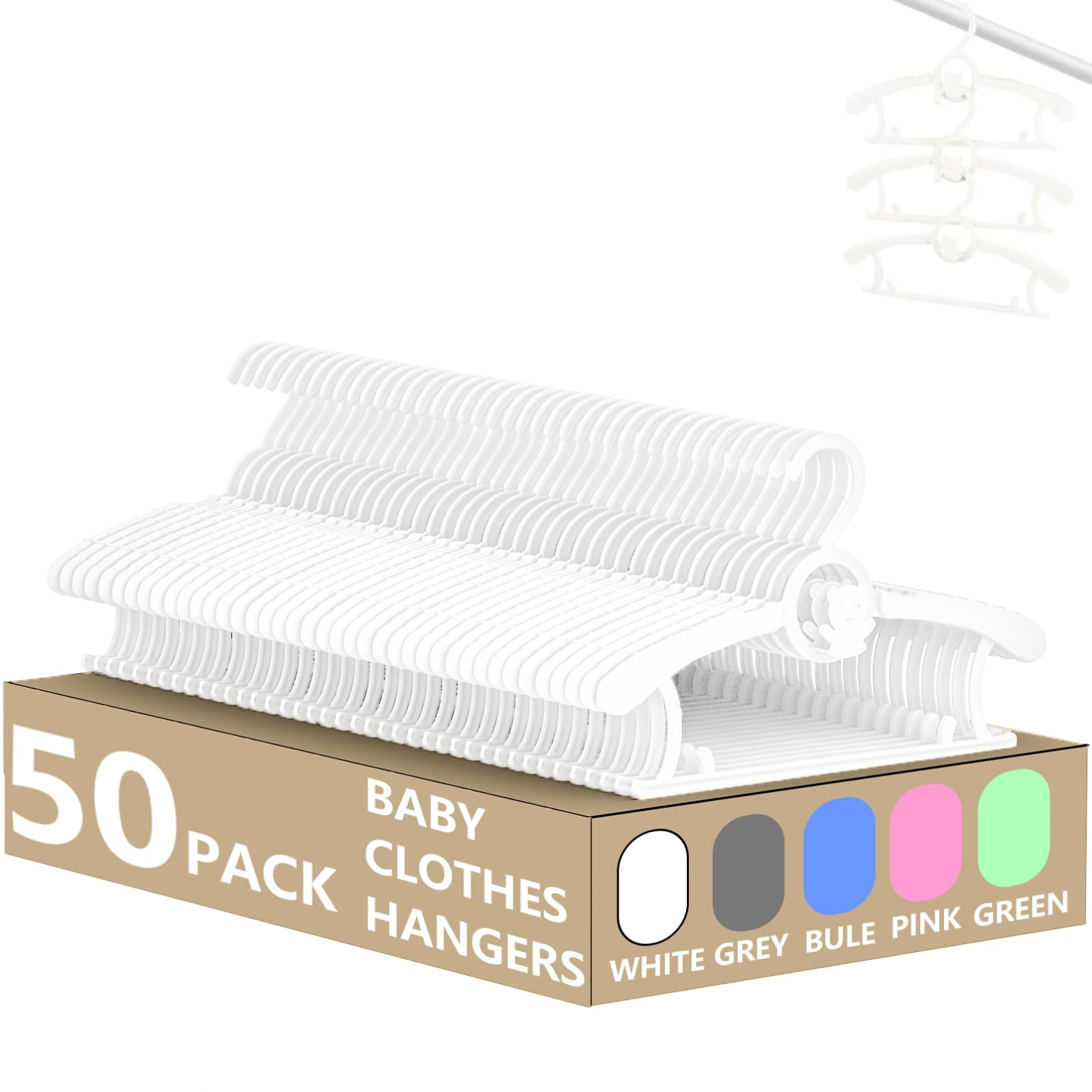 Photo 1 of HGYZE Baby Hangers for Closet 50pcs, White Kids Clothes Hanger Plastic, 11-14" Adjustable Bulk Perchas for Newborn, Non-Slip Children Outfit Bear Hanger for Girl Boy Toddler Infant Nursery Clothing