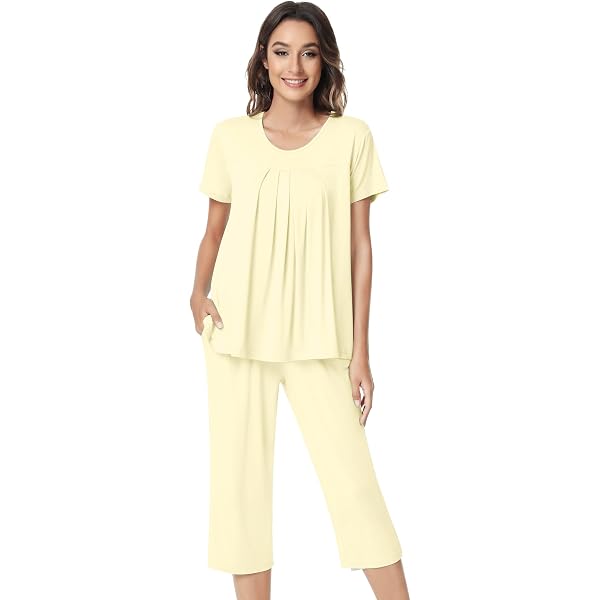 NACHILA Women's Pajama Set - Viscose Bamboo Short Sleeve Top & Capri Pants, Soft Sleepwear With Pockets (Tagless) - View #2