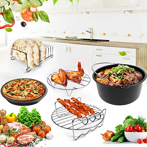 Universal Air Fryer Accessories 7 Inch Pizza Pan Cake Barrel Skewer Rack Silicone Mat Kitchen Tong Metal Holder Toast Rack Pinch Mitts Fit All 3.7QT/5.3QT/5.8QT By EBIGIC