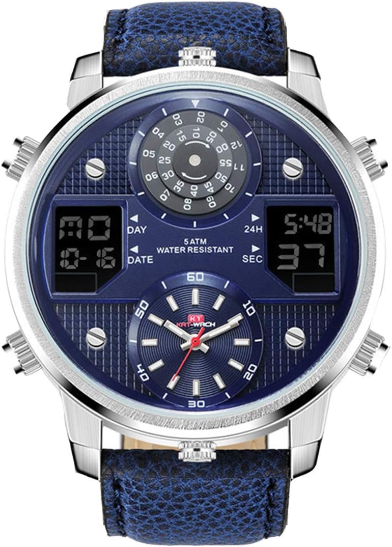 Men's Big Dial Multifunctional Digital Analog Quartz Watch Business Waterproof Military Dual Time Leather Band Sport Wrist Watches for Men