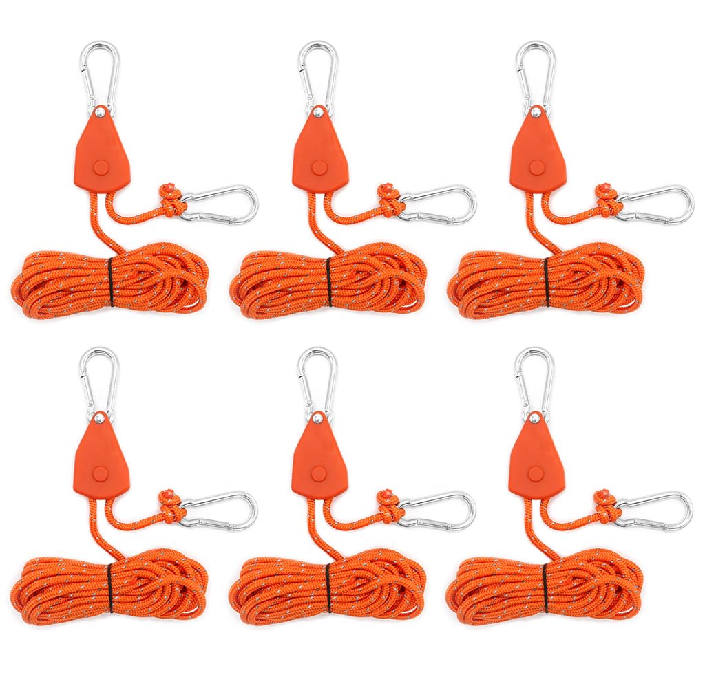 Kellegour 6 Pack Tent Guy Ropes with Pulley,4mm Reflective Cord Tent Guide Rope,Reflective Tent Guy Ropes,Tent Camping Cord with Pulley for Camping,Hiking,Tent,Tarpaulin,Awning (13.12ft/4m,Orange)