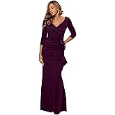 Xscape Women's Long 3/4 Sleeve V-Neck Side Ruched Gown (Reg and Petite)