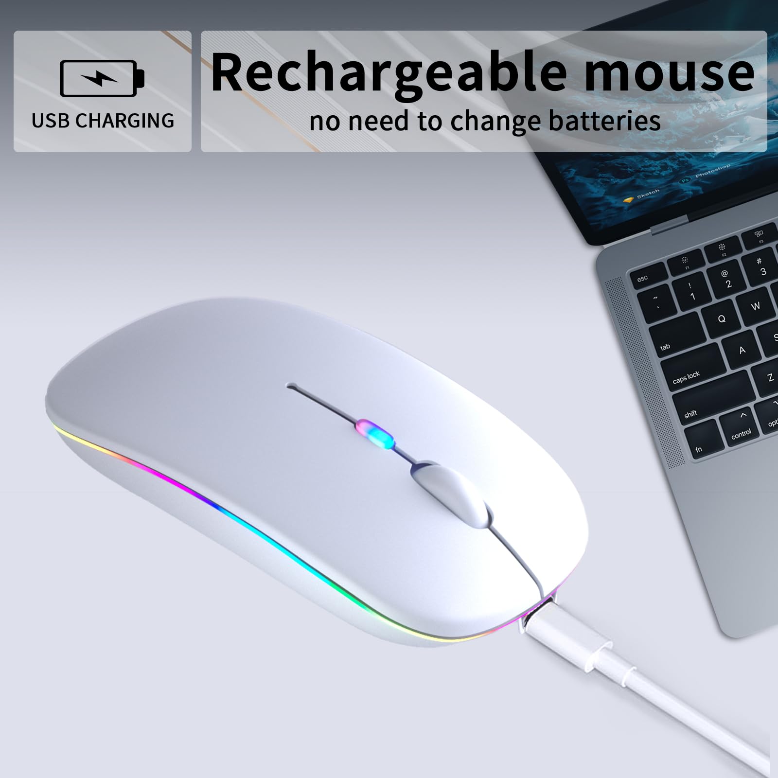 KANMABPC Wireless Bluetooth Mouse – Rechargeable, Silent, Dual Mode (Bluetooth 5.2 & USB) with LED Lights – Portable for Laptop, Desktop, & Tablet(White)