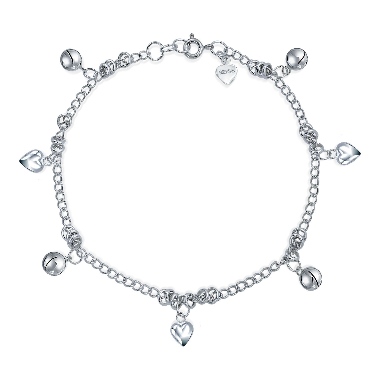 Bling Jewelry Multi Jingle Bells And Hearts Dangle Charms Anklet Pattilu India Ankle Bracelet For Women Teens .925 Sterling Silver Adjustable 9 To 9.5 Inch With Extender