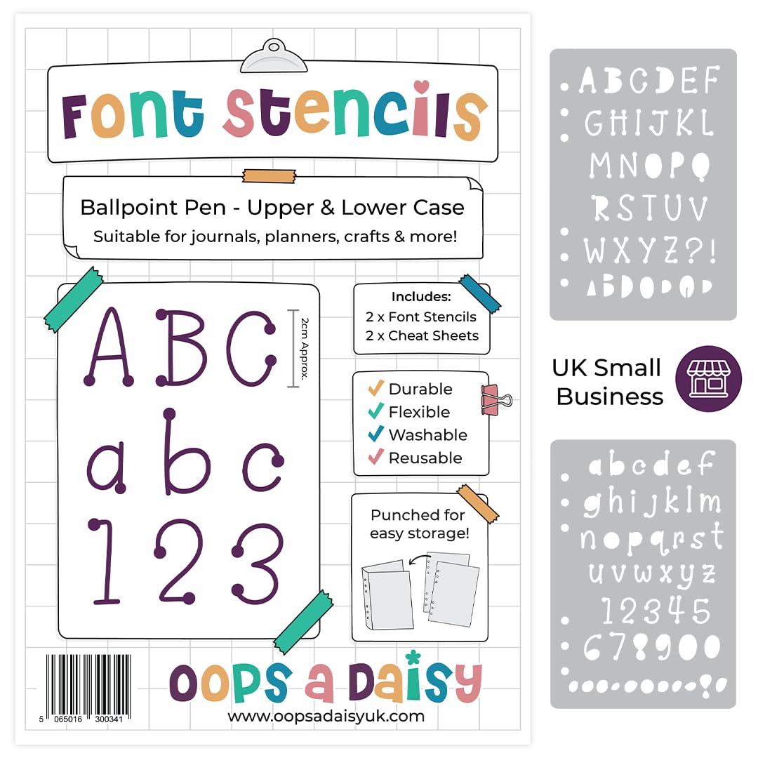 Lettering Font Stencil (Ballpoint Pen Handwritten Font - 20mm Tall) - Upper and Lower Case Alphabet + Numbers - Reusable Template - Dotted Journal Bullet Planner, Scrapbook, Paper Craft, Card Making