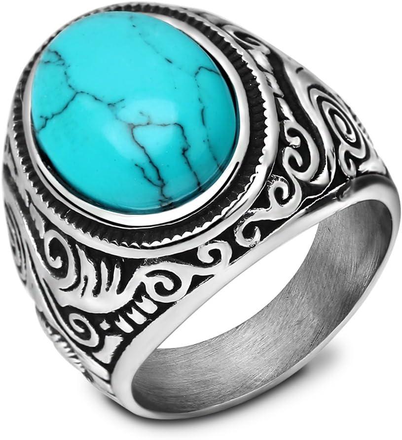 VQYSKO Retro Vintage Statement Oval Turquoise Rings Size 7-15