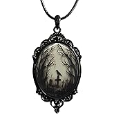 Vavious Antique Raven Cameo Necklace Gothic Crow Oval Pendant with Vintage Chain Mystical Halloween Witch & Vampire Jewelry