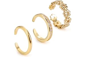 Mikovivi 3pcs Gold Toe Rings, Open Adjustable Copper Toe Ring Set Flower Diamond Plain Foot Ring Summer Beach Foot Jewelry for Women