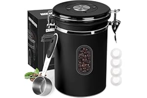 1800ML Airtight Coffee Canister with Date Tracker Transparent Window, 22.8OZ Coffe Beans Storage with 30 ML Measure Spoon&4 c