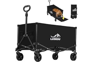 LADKOU Collapsible Foldable Wagon, Heavy Duty Beach Wagon Cart with 140L Capacity and 220LBS Load, Portable Utility Grocery Wagon for Outdoor Camping Garden, Black