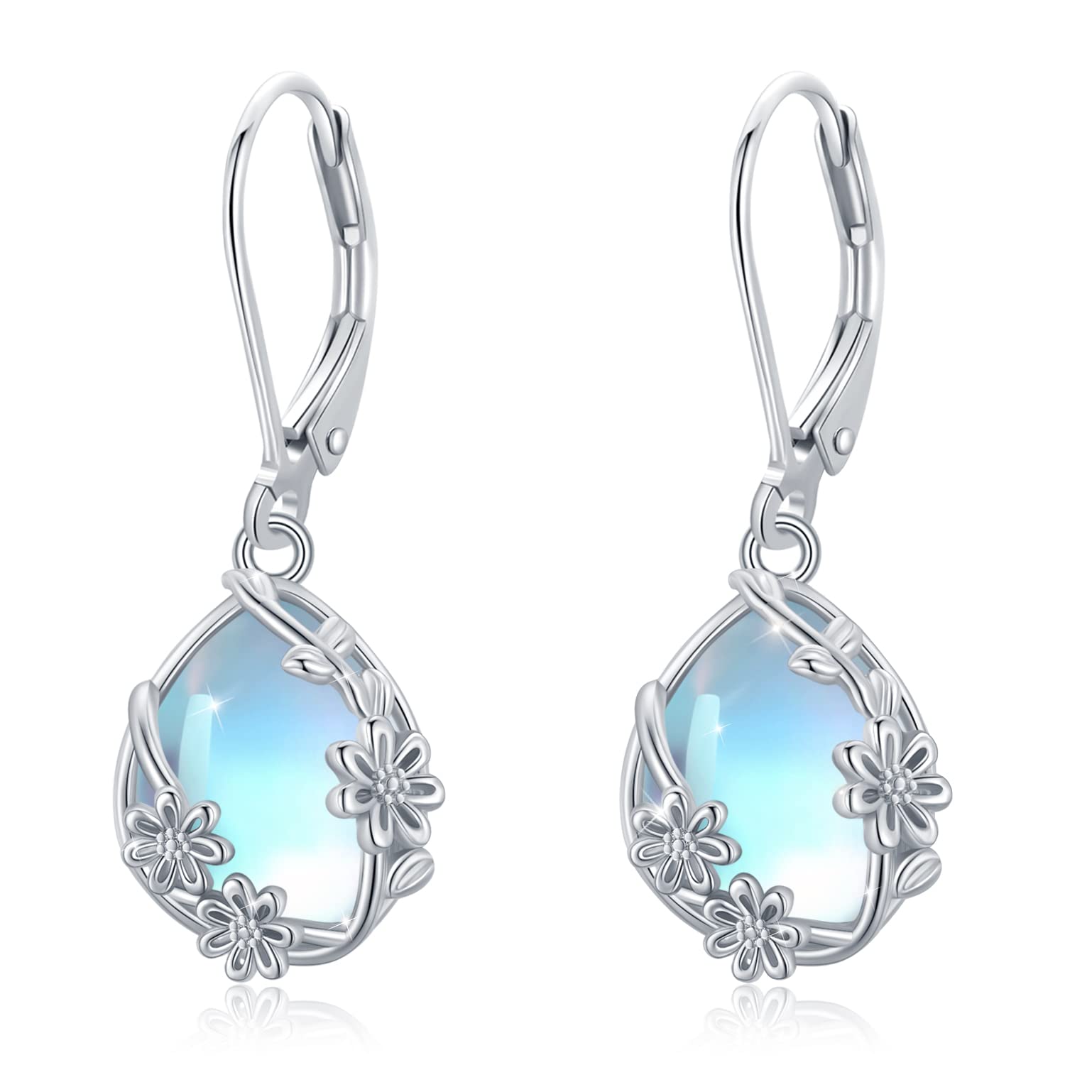 Moonstone Dangle Drop Earrings 925 Sterling Silver Teardrop Leverback Earrings Flower Jewellery Christmas Stocking Stuffers Gifts for Women Girls