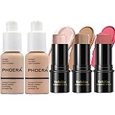 PHOERA Foundation,3 PCS Contour Stick Makeup Kit,Shades with Highlighter Stick,Blush Stick and Bronzer Contour,PHOERA Makeup Matte Finish(102+103+ Fair-Light Contour/Nude + Warm peach+#03,#09,#12)