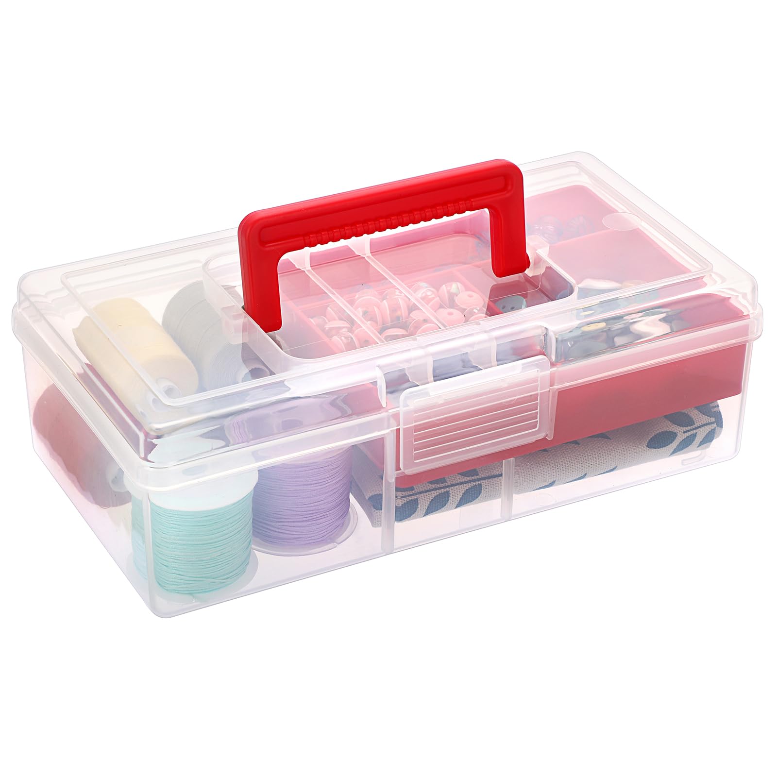 IGNPION Clear Craft Stackable Storage Box with Storage Tray Plastic 5-compartment Mulit Purpose Storage Organiser Container for Arts Crafts, Stationery, Sewing, Tackle, Nail Art, Medicines, Red — image 1
