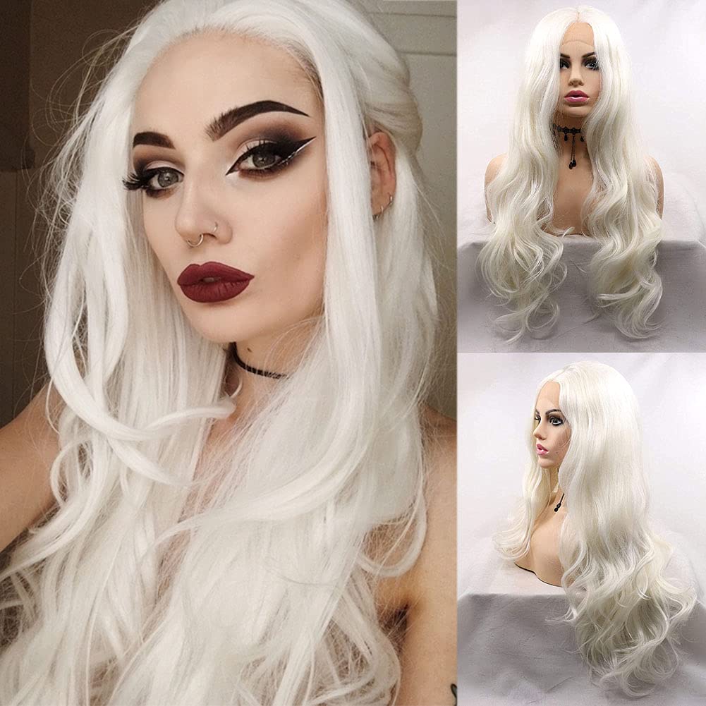 AFBeauty White Lace Front Wig Synthetic Long Wave 1001# Platinum Blonde Wig Pre Plucked Natural Hairline Wig Heat Resiatant Fiber Gluless Hair Replacement Wigs