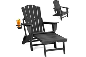 LETKIND Folding Adirondack Chair with Retractable Ottoman,All Weather Fire Pit Chairs with Cup Holder,Outdoor Chair with Ottoman,Black