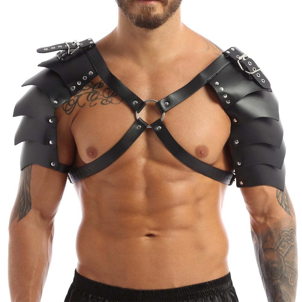 Men Viking Warrior Shoulder Armor PU Leather Medieval Knight Chest Harness Adjustable Gladiator Shoulder Pauldron Armor Steampunk Shoulder Pad Arm Guards Halloween Cosplay Party Fancy Dress Costume