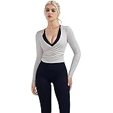 SUUKSESS Women Pilates Wrap Workout Cropped Top Ribbed Long Sleeve V Neck Tie Front Ballet Yoga Shrug Blouse