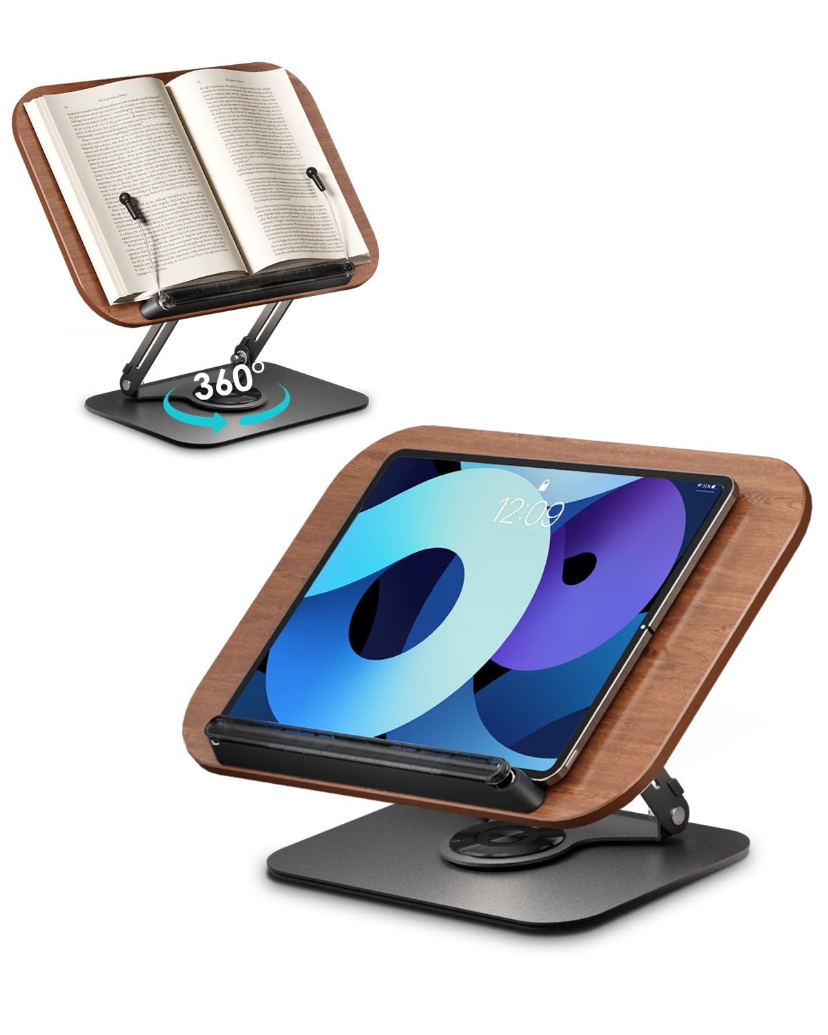 Viozon Book Stand for Reading, Book Holder for Thick Book, Height&Angle Adjustable, 360° Rotate Base, Foldable, for Office, Kitchen, School Textbook, Recipe, Magazine, Tablet, Kindle, Dark Wood