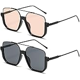 FLJMRAVER Vintage Square Oversized Aviator Sunglasses for Women Men Semi-Rimless Glasses 70s Trendy Stylish Shades