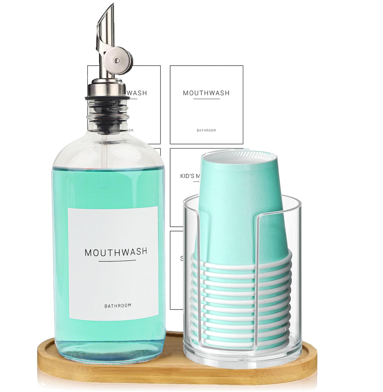 Photo 1 of Ezebesta 480ml/16.23 Oz Glass Pump Dispenser for Mouthwash With Disposable Cups Holder, Pour Spout Refillable Clear Container, Bamboo Tray, and Labels