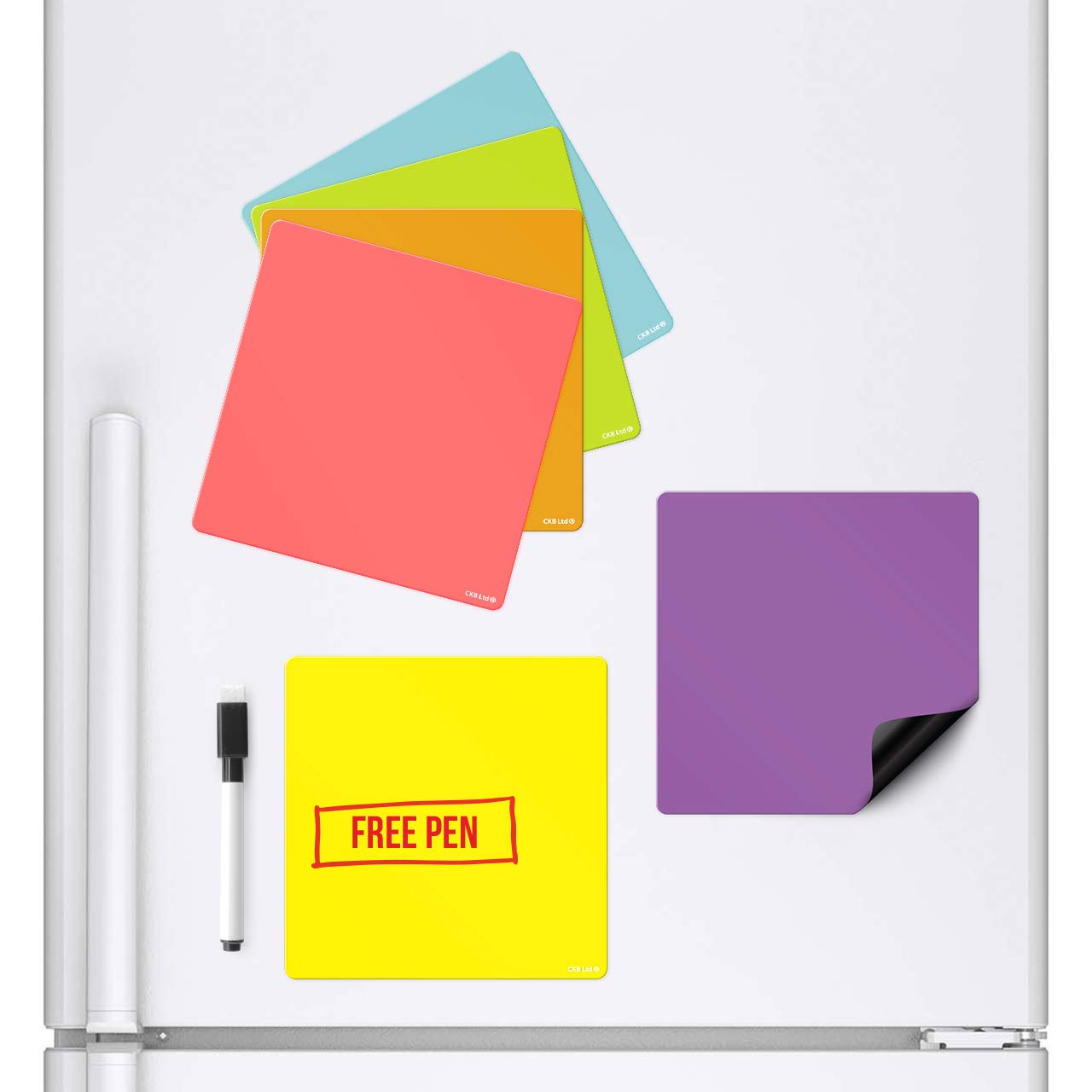 CKB LTD Pack of 6 Coloured Squares Magnetic Whiteboards that stick to your fridge Dry Wipe Planner Magnet Signage Sheet With Marker & Pen Colourful Kitchen Notice Large Daily Menu Shopping To Do List