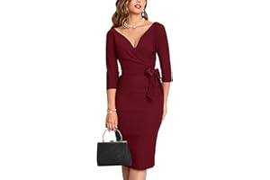 MUXXN Women's Vintage Faux Wrap V Neck 3/4 Sleeve Formal Classic Party Work Dress with Belt