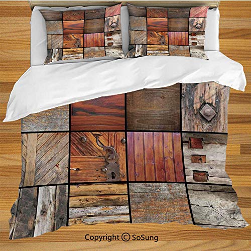 Antique Decor Bed Pillow Case/Shams Set of 2,Collection of Different Wooden Architecture Elements Timber Door Key Materials Boho Queen Size Without Insert (2 Pack Pillowcase 20"x30"),Chocolate Brown - Thumbnail 2