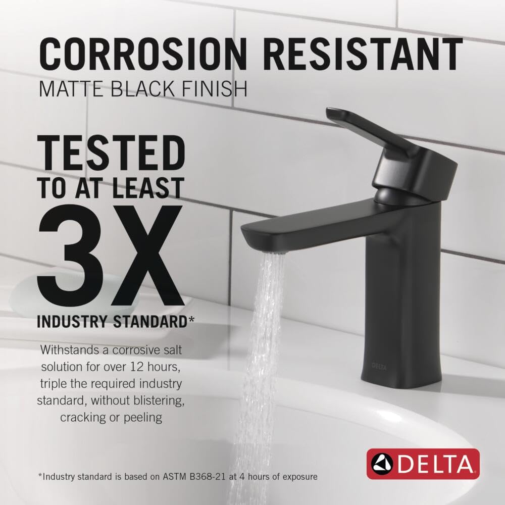 Delta Modern Matte Black Bathroom Faucet 1 Hole, Single Hole Bathroom Sink Faucet for Vanity, Push-Pop Drain Assembly, Matte Black 581LF-BLGPM-PP