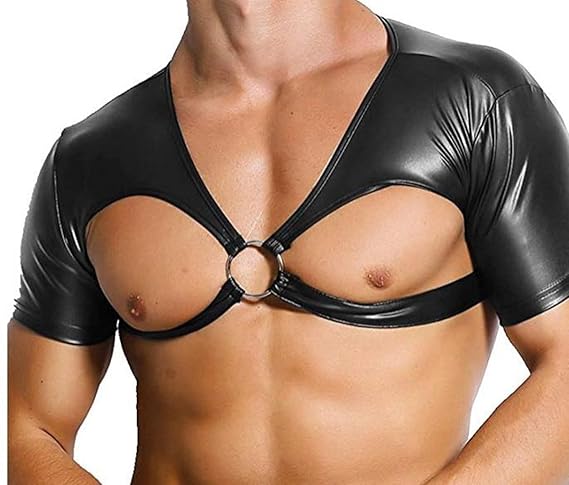 Agoky Männer Sexy Leder Top Wetlook Unterwäsche Crop Top Kurzarm Bauchfrei Unterhemden Shirt Weste Reizwäsche Party Clubwear 