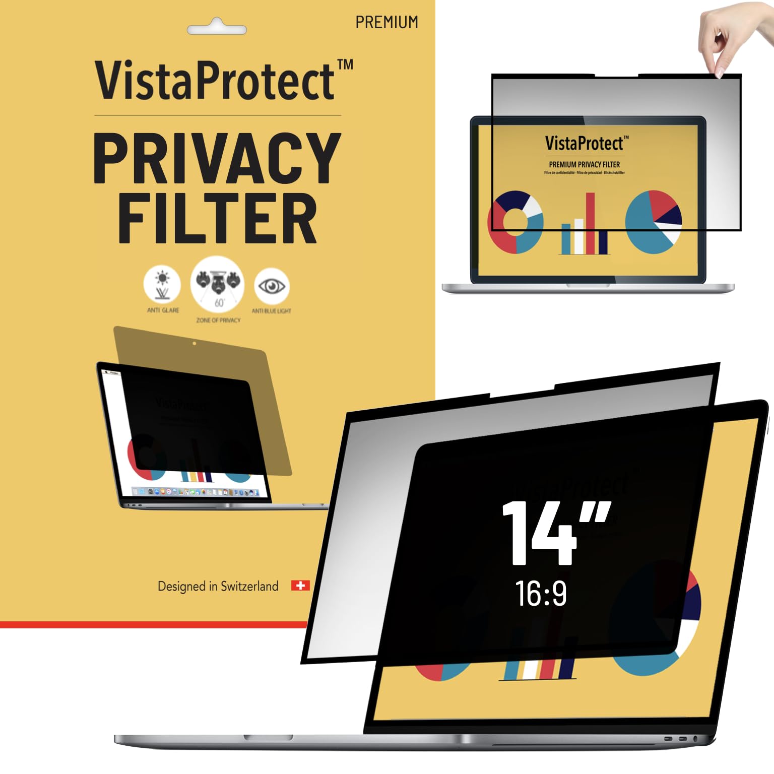 VistaProtect - Premium Privacy Screen Filter & Anti Blue Light Screen Protector for Laptop Computers with Edge-to-Edge Glass Front Screen, Removable (14" inches)