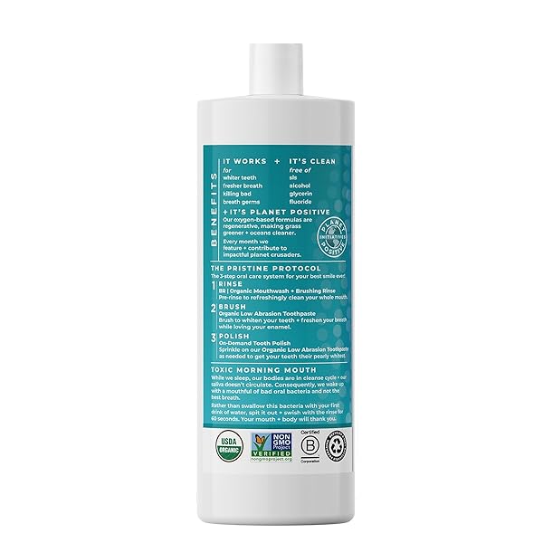 ESSENTIAL OXYGEN CERTIFIED BR ORGANIC BRUSHING RINSE, ALL NATURAL MOUTHWASH FOR WHITER TEETH, FRESHER BREATH, AND HAPPIER GUMS, ALCOHOL-FREE ORAL CARE, PEPPERMINT, 32 OUNCE