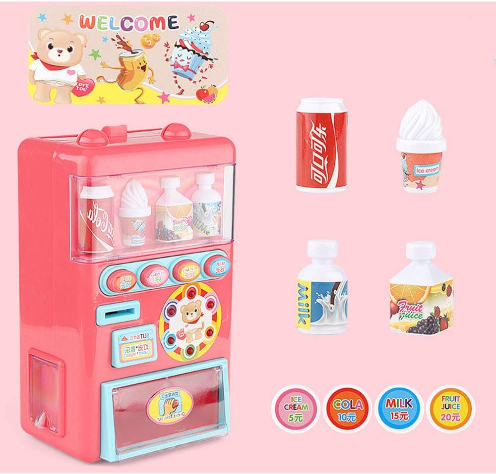 Vending Machine Toy for Kids Pretend Play Shopping Game Toys for Children of 3 And Up, with Light/Music/Drinks/Coin-Operating,Pink