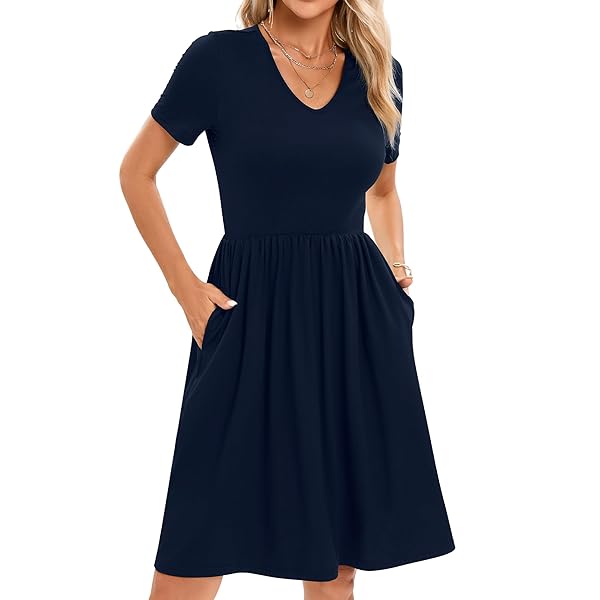 FZZOR 2024 WOMEN'S SUMMER CASUAL SHORT SLEEVE PLEATED A-LINE MIDI LOOSE FIT  SWING DRESSES T-SHIRT FLOWY SUNDRESS WITH POCKETS NAVY, MEDIUM - Korting  Discount Outlet