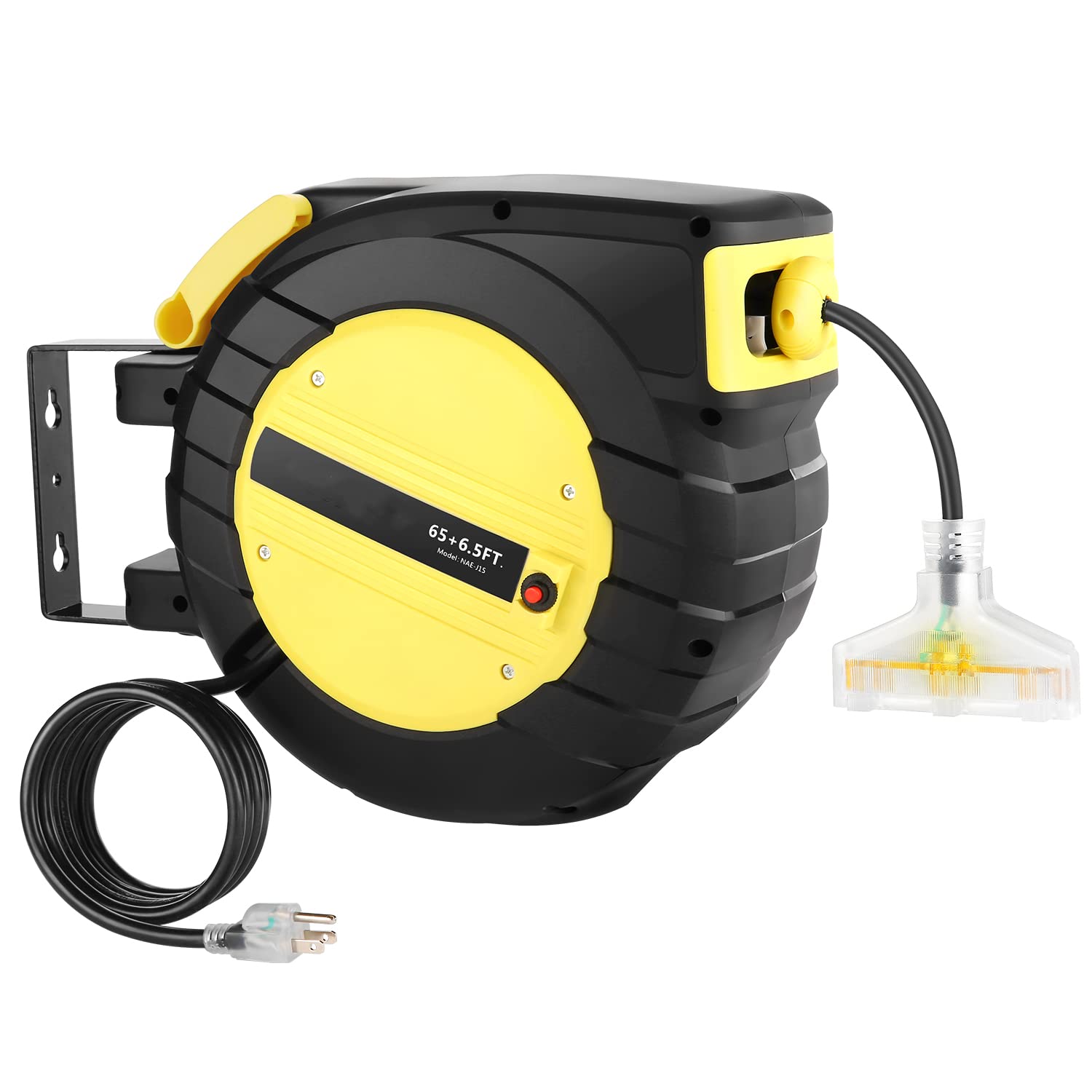 Homdox 65 FT Extension Cord Reel, 14 AWG Retractable Power Cord Reel, Ceiling/Wall Mount Electric Reel for Large Garage, 3 Outlets, 13A Circuit Breaker, UL Listed