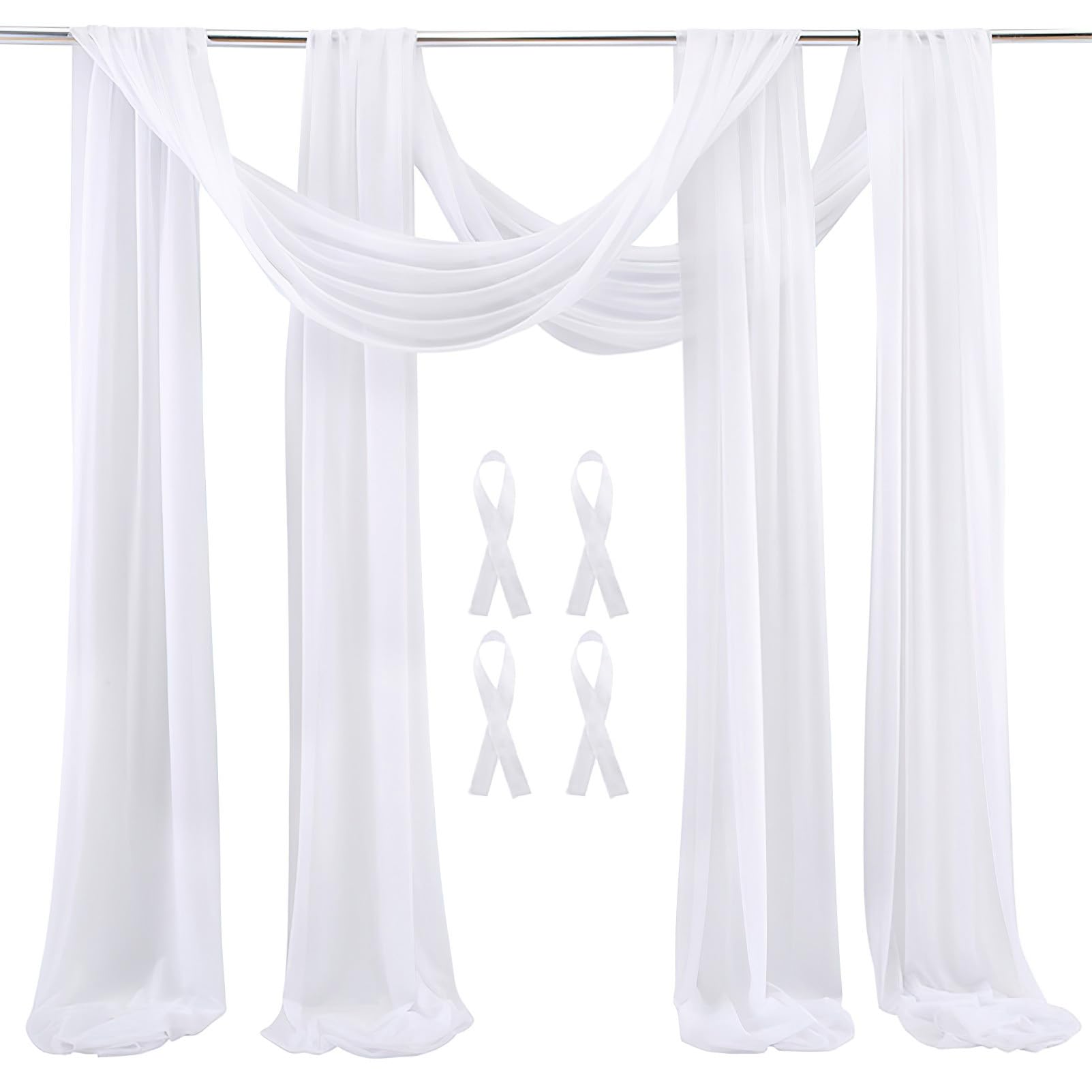 Wedding Arch Sheer Drapery Backdrop Voile Curtain Chiffon Draping Fabric 20Ft Sheer Curtains Arbor Drapery for Wedding Ceremony Reception Party Ceiling Decor, White, 2 Panels