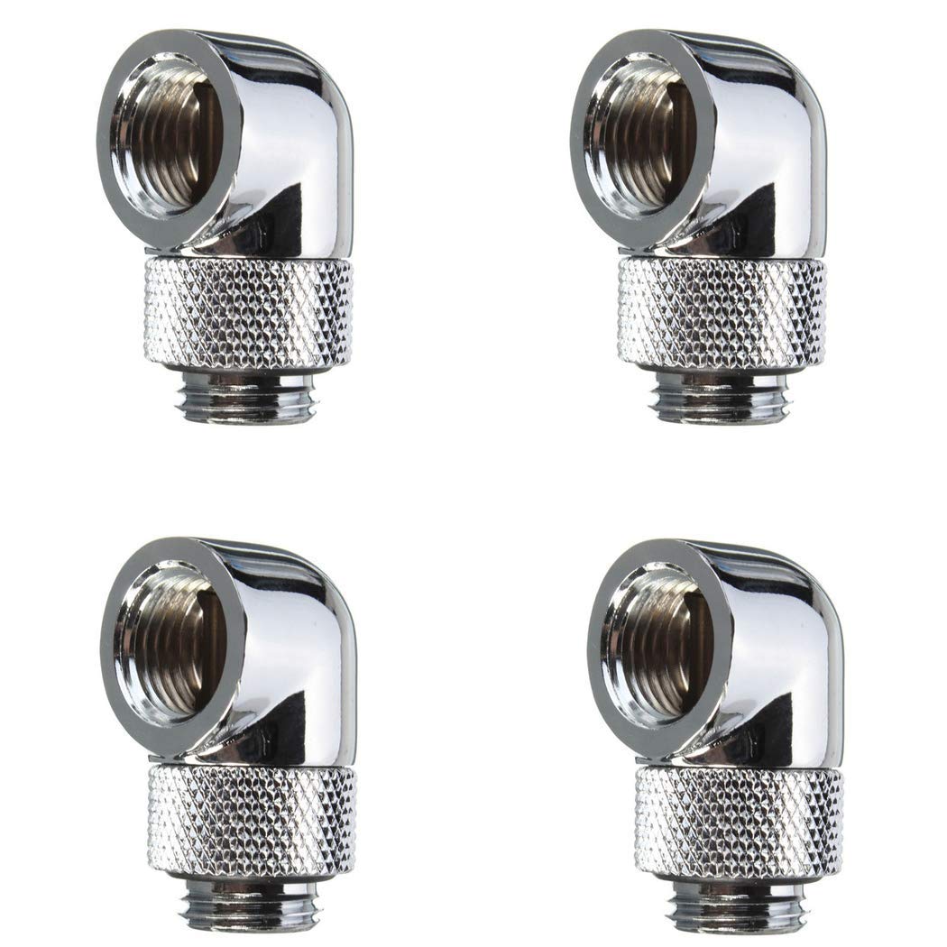 Floratek G1/4" 90 Degree Fitting Male to Female Extender Adapter Water Cooling Fittings Plug 90°Rotary Metal/Rigid/PETG Tubing Connector 4-Pack (Silver)