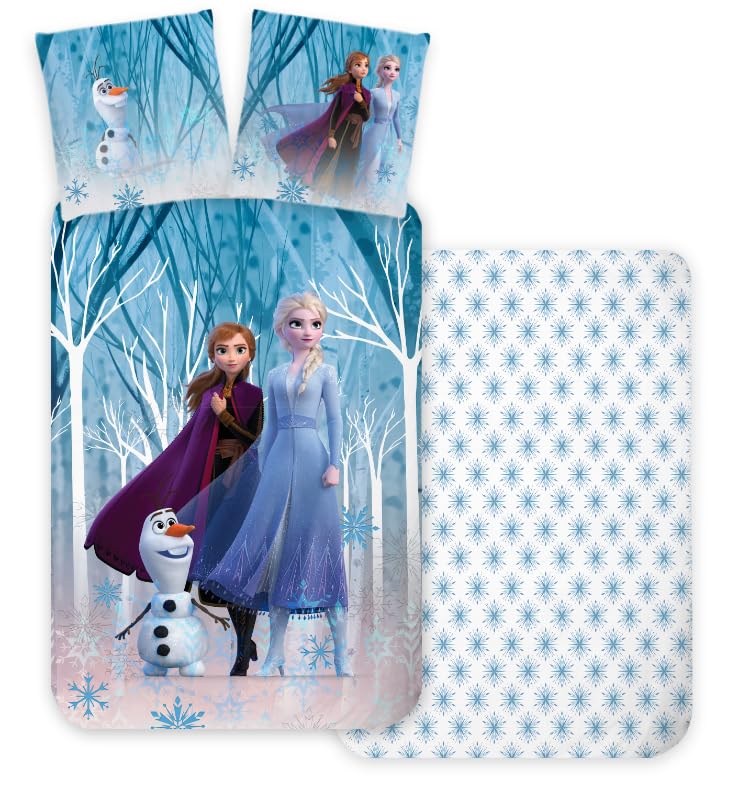 Frozen Forest Bedding Set, 100% Cotton, Reversible Duvet Cover 140 x 200 cm + Pillowcase 65 x 65 cm, Frozen, with Elsa, Anna and Olaf