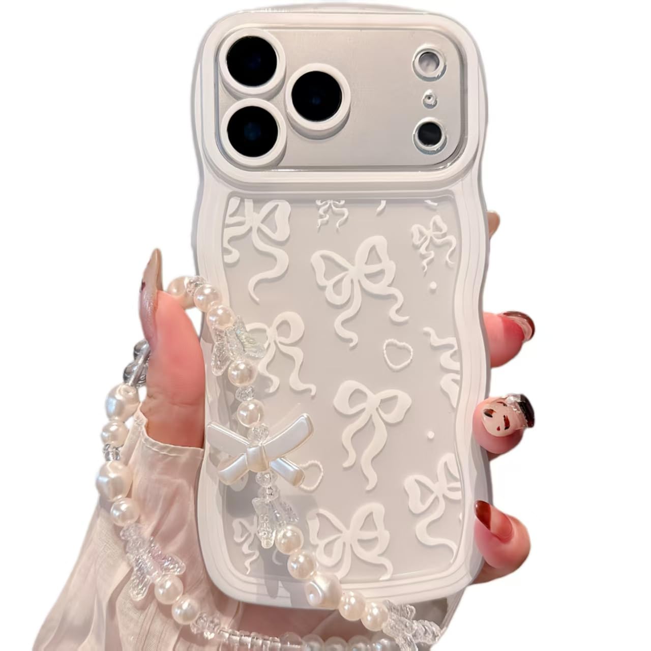 Pretaco Compatible with iPhone 17 Air Phone Case Cute Wave Border Love Heart White Bow Pattern with Bow Bracelet, Soft TPU Material, Suitable for Women, Girls.