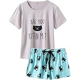VENTELAN Pajama Set For Women Cute PJS Summer Short Sleeve Shorts Sleepwear